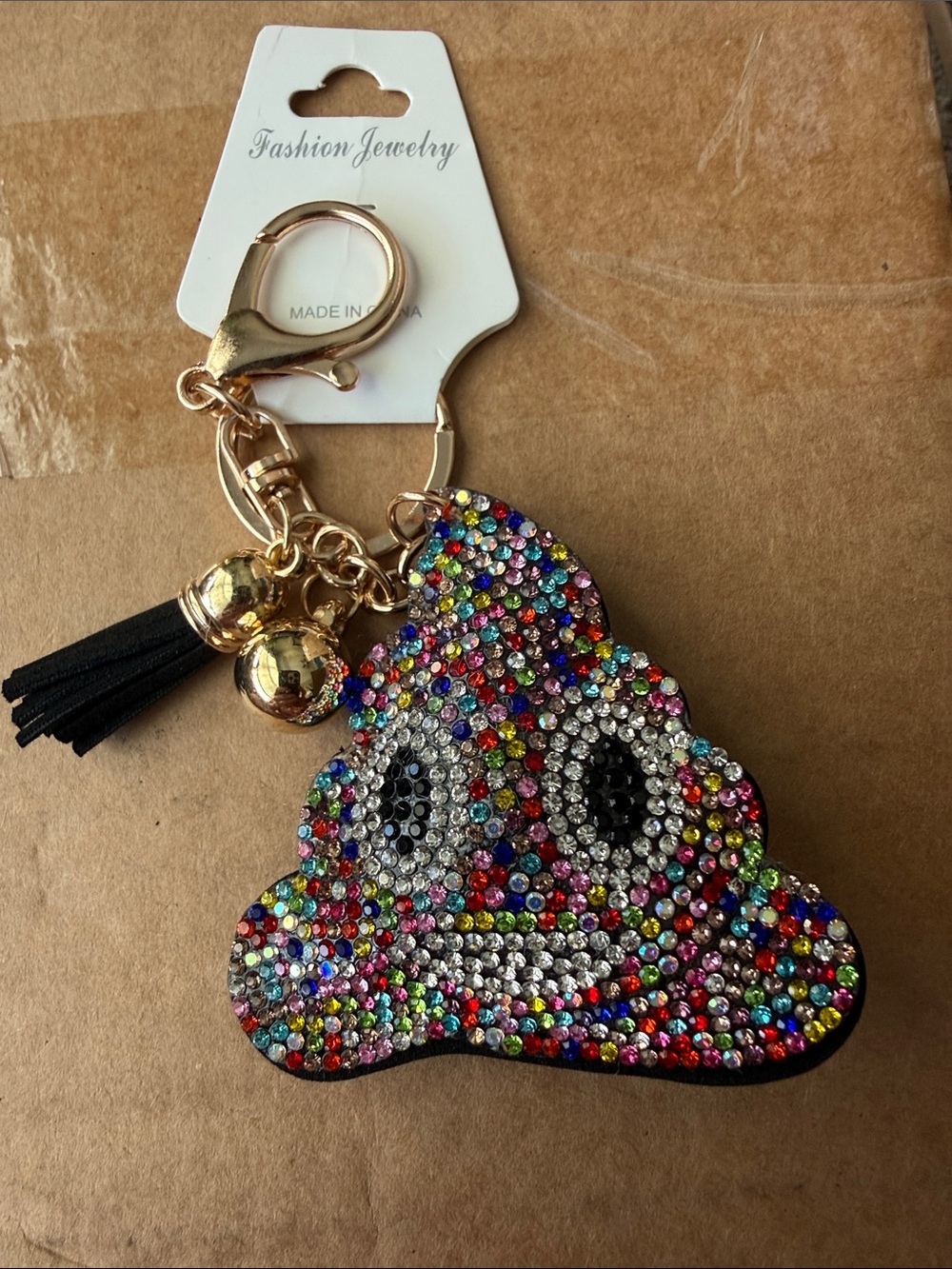Rhinestone Multicolor Poop Emoji Keychain with Tassel NWT